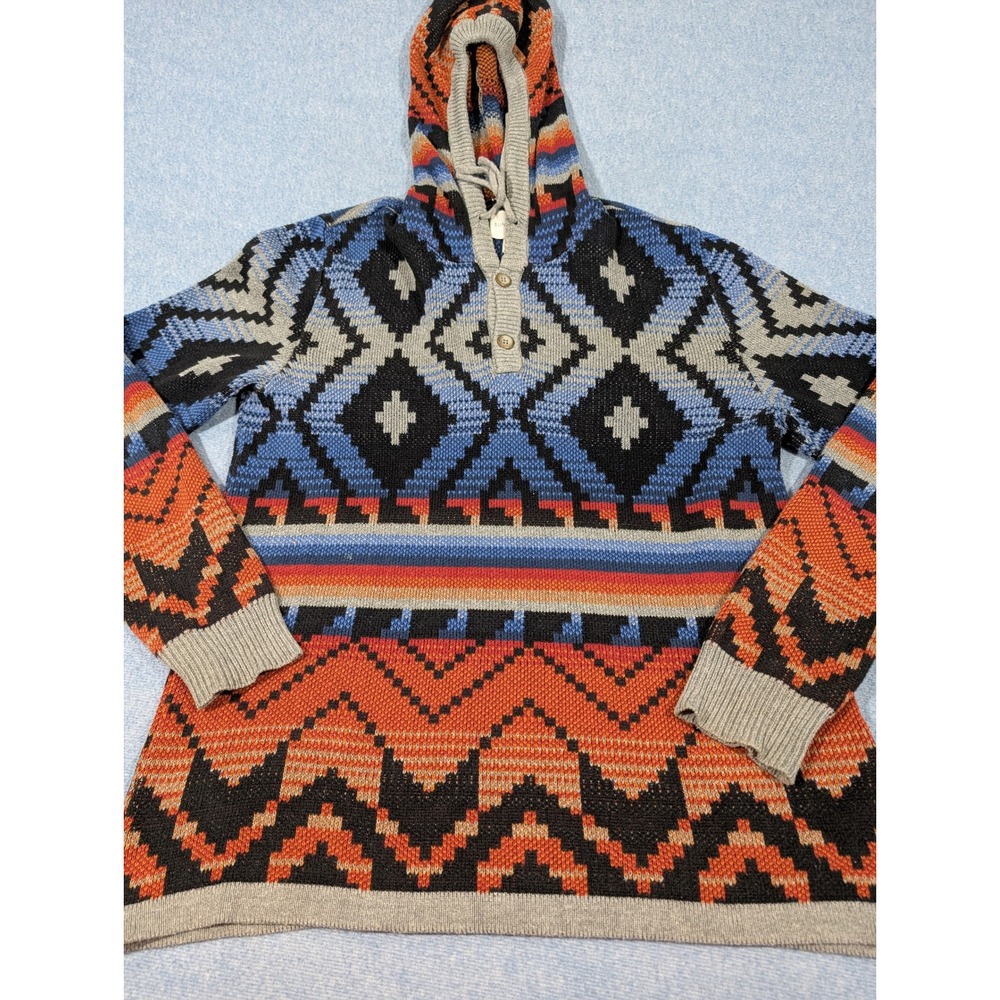 Sun + Stone Mens Southwestern Geometric Knit Hoodie Sweater Blue Orange Large